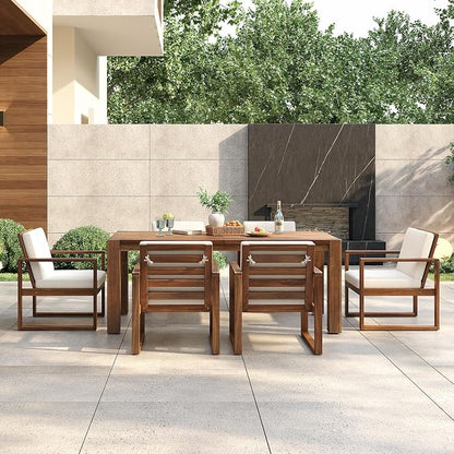 Patio Table and Chairs Set, Outdoor Dining Set for 6 with Umbrella Hole, 7 Piece Outdoor Patio Furniture Set Wood Frame with Removable Cushion for Garden, Backyard
