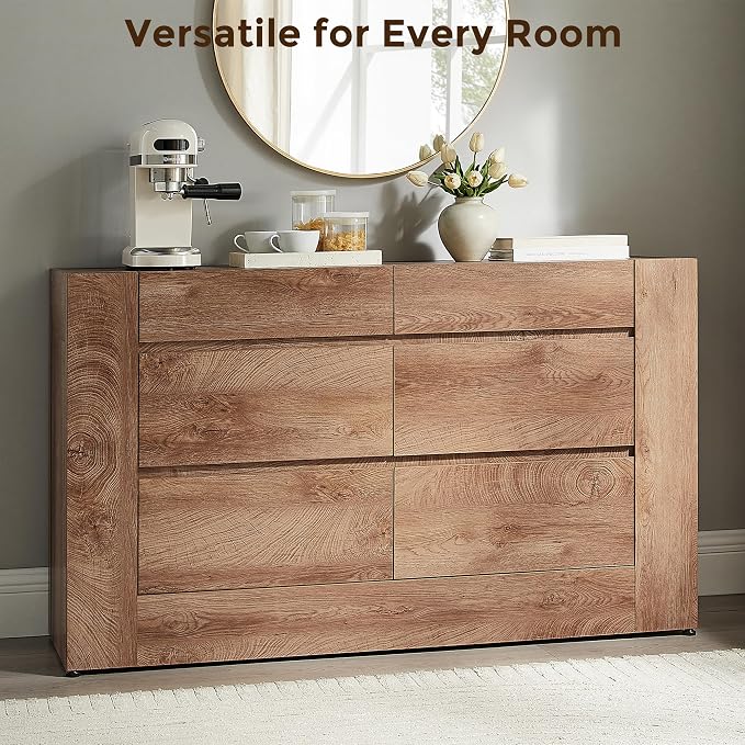 OKD 6 Drawer Dresser for Bedroom, 54" Wide Chest of Drawers with Thick Wood Design, Handleless, Modern Bedroom Dresser, Storage Organizer for Living Room/Entryway/Hallway, Light Knotty Wood