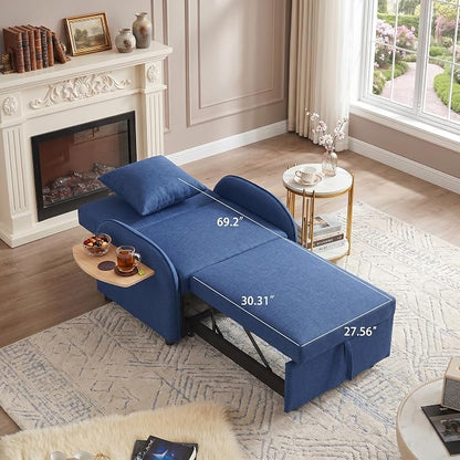 3-in-1 Convertible Sleeper Bed, Pull Out Single Sofa Bed with Adjustable Backrest, Foldable Recliner Sofa with Side Table & USB Port, Sleeper Chair for Living Room, Home Office, Blue