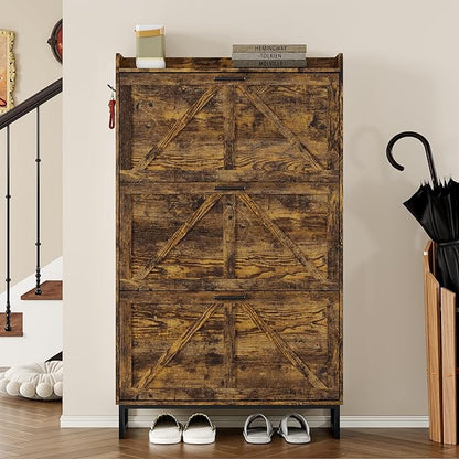 BORNOON Shoe Cabinet with 3 Flip Drawers Narrow Shoe Storage Cabinet Organizer Wooden Freestanding Shoe Rack Hidden Slim Shoes Storage Cabinet for Entryway, Hallway, Living Room, Bedroom