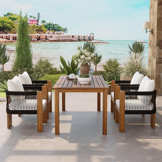 Quarte Luxury 4-Person Outdoor Dining Set: Solid Acacia Wood Table with Rope-Woven Chairs & Comfy Cushions for Patio, Garden, Poolside or Deck (Black,Brown-R)