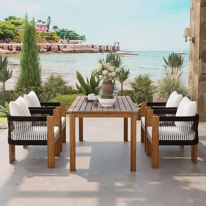 Quarte Luxury 4-Person Outdoor Dining Set: Solid Acacia Wood Table with Rope-Woven Chairs & Comfy Cushions for Patio, Garden, Poolside or Deck (Black,Brown-R)