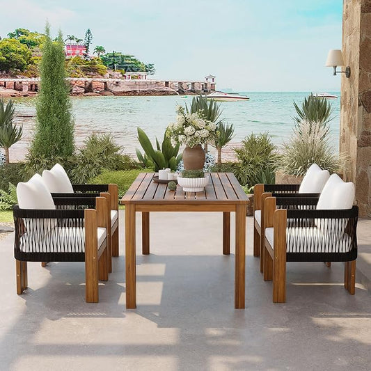 Quarte Luxury 4-Person Outdoor Dining Set: Solid Acacia Wood Table with Rope-Woven Chairs & Comfy Cushions for Patio, Garden, Poolside or Deck (Black,Brown-R)