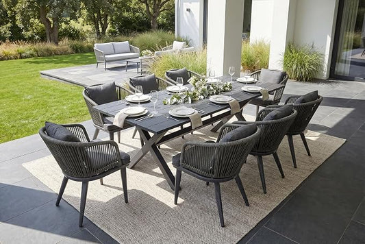 PURPLE LEAF 9 Pieces Patio Dining Set Wicker Outdoor Furniture Rectangular Table and Chairs Set for Garden Deck Aluminum Frame Backyard Kitchen Set, Cushions and Pillows Included Grey