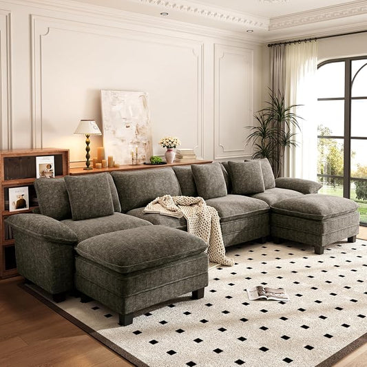 PHI VILLA Cloud Modular Couch Sets, 157.5" Oversized Sectional Sofa with U-Shaped Chaise, 6-Seater Couches with Movable Ottomans for Living Room, Chenille Smoky Grey