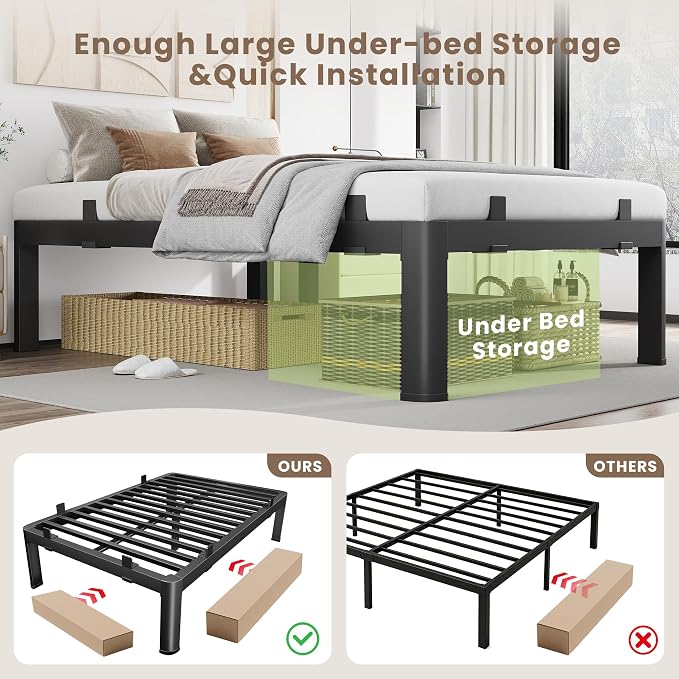 MAF 14 Inch Queen Metal Platform Bed Frame with Anti-Collision Round Legs, Black 3500 Lbs Heavy Duty Bed Frame Steel Slats Support, No Box Spring Needed, Easy Assembly