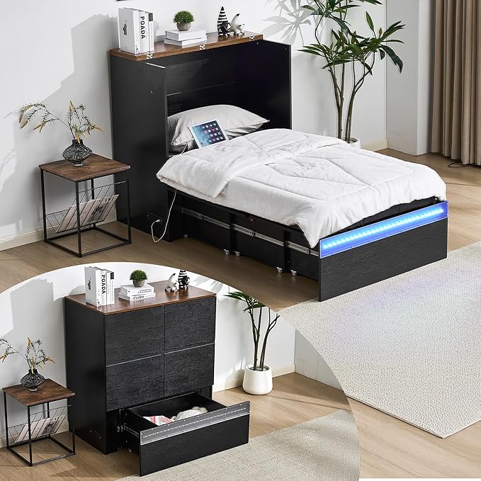 VINGLI Twin Size Murphy Bed with LED Lights, Storage Drawer & Built-in Charging Station, Space-Saving Cabinet Bed for Kids,Adults & Guests,Classic Black