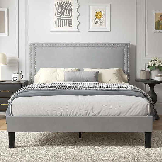 VECELO Queen Size Platform Bed Frame with Height Adjustable Upholstered Headboard, Modern Mattress Foundation,Strong Wood Slat Support, No Box Spring Needed, Easy Assembly,Light Grey