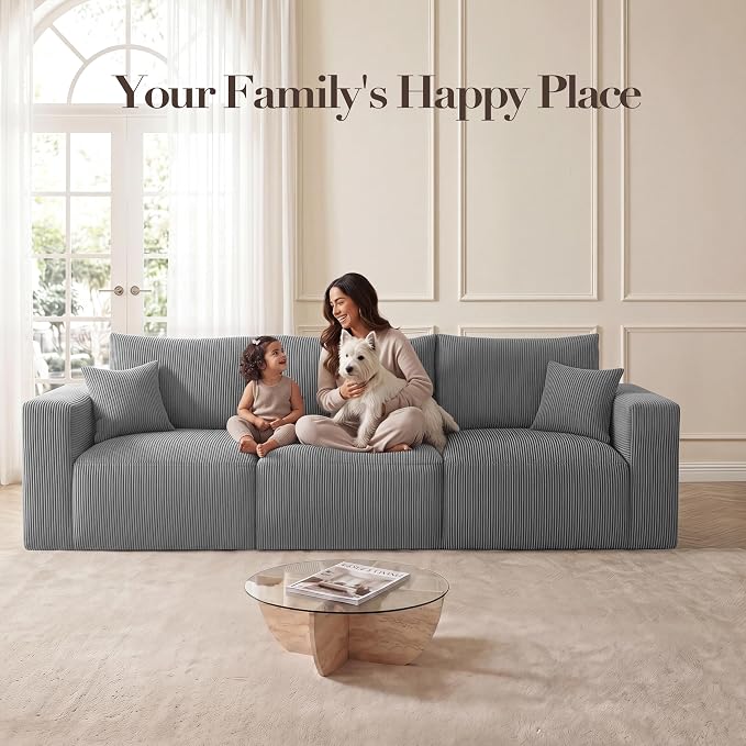 Modular Sectional Sofa, 115" Memory Foam Cloud 3-Seater Boneless Couch, Cozy Upholstered Corduroy Frameless Sofa, No Assembly Required Extra Wide Seating for Living Room & Apartment, Grey