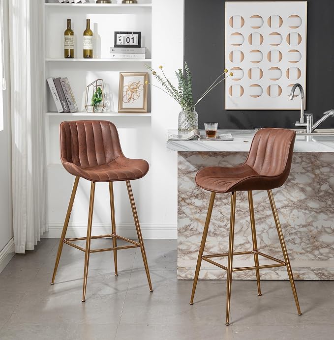 Sidanli Velvet Bar Stools Set of 2, Armless Bar Chairs with Gold Metal Legs, 29inch Counter Height Kitchen Island Stools with Back, Brown