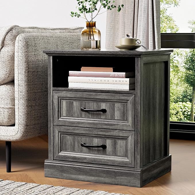 Tradare 3 Pcs Farmhouse Dresser and Nightstand Sets for Bedroom, 6 Drawer Dresser & Nightstand Set of 2, Rustic Wooden Chest of Drawers Wide Storage Organizer for Bedroom, Grey
