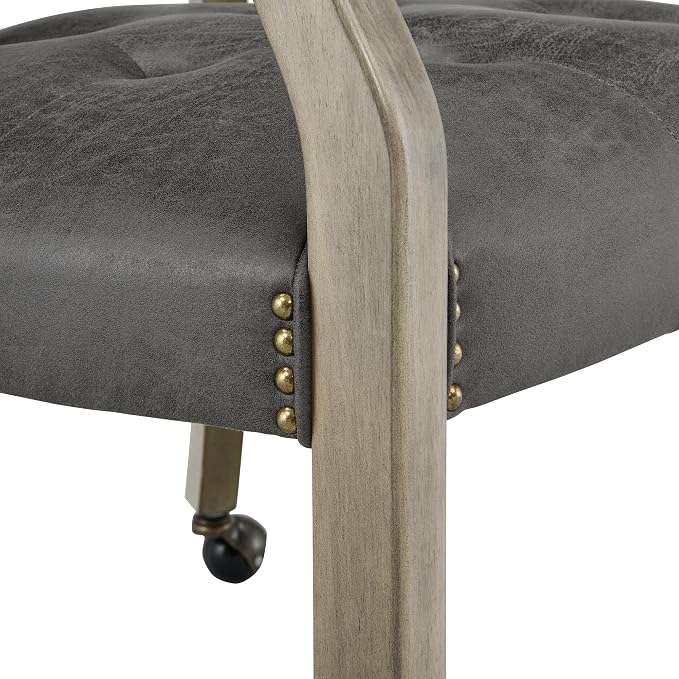 LEEMTORIG Dining Chairs with Casters and Arms, Upholstered Rolling Dining Chairs with Wheels for Elderly, Ergonomic Wide Seat Wooden Office Chairs, 26" Dx25.2 W, Grey Legs&Dark Grey Fabric SY-1318-GY