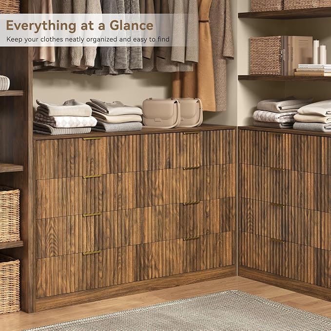 Walnut 8 Drawer Dresser for Bedroom, 55" Wide Fluted Chest of Drawers with Gold Metal Handles, Modern Wooden Dresser, Closet Storage Organizer Mid Century TV Stand for Living Room Hallway