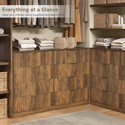 Walnut 8 Drawer Dresser for Bedroom, 55" Wide Fluted Chest of Drawers with Gold Metal Handles, Modern Wooden Dresser, Closet Storage Organizer Mid Century TV Stand for Living Room Hallway