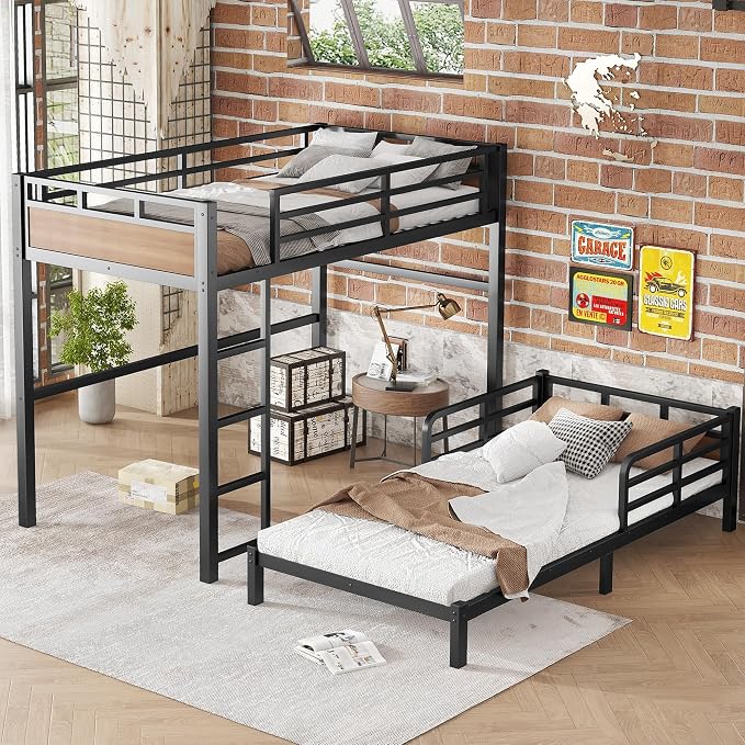 Twin XL Over Twin XL Metal Bunk Bed, Heavy Duty Convertible Bunk Bed Frame with Headboard & Full Guardrails, Can Be Split into Two Platform Beds or Loft Bed,Walnut