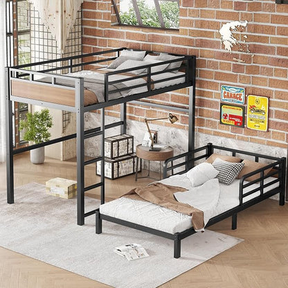 Twin XL Over Twin XL Metal Bunk Bed, Heavy Duty Convertible Bunk Bed Frame with Headboard & Full Guardrails, Can Be Split into Two Platform Beds or Loft Bed,Walnut