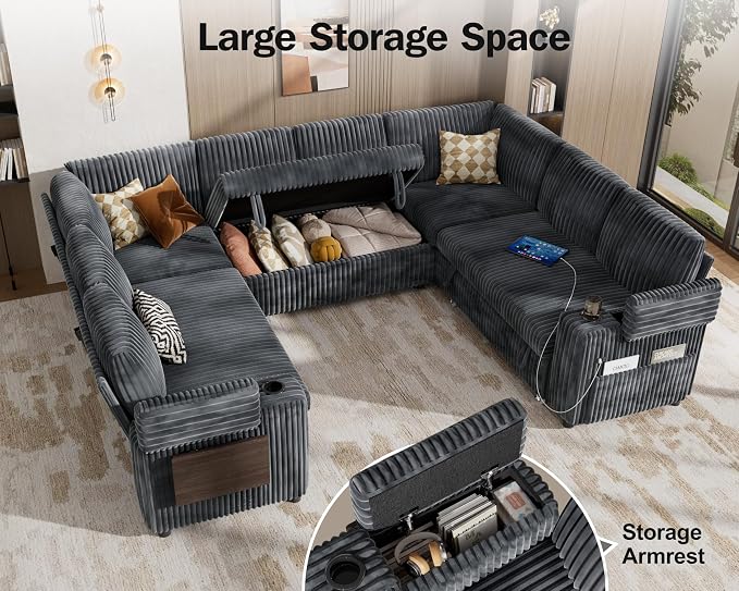WEUP 111" Modular Sectional Sleeper Sofa with Pull Out Bed, 8 Seat Plush Corduroy U Shaped Couch with USB Ports|Cup Holders|Side Table|Storage Chaise Armrests Tool Free Assembly, Grey