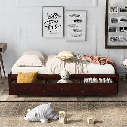 Merax Wood Bed Frame with 3 Drawers Twin Storge Day Bed with Wood Slat Support Space Saving Cherry