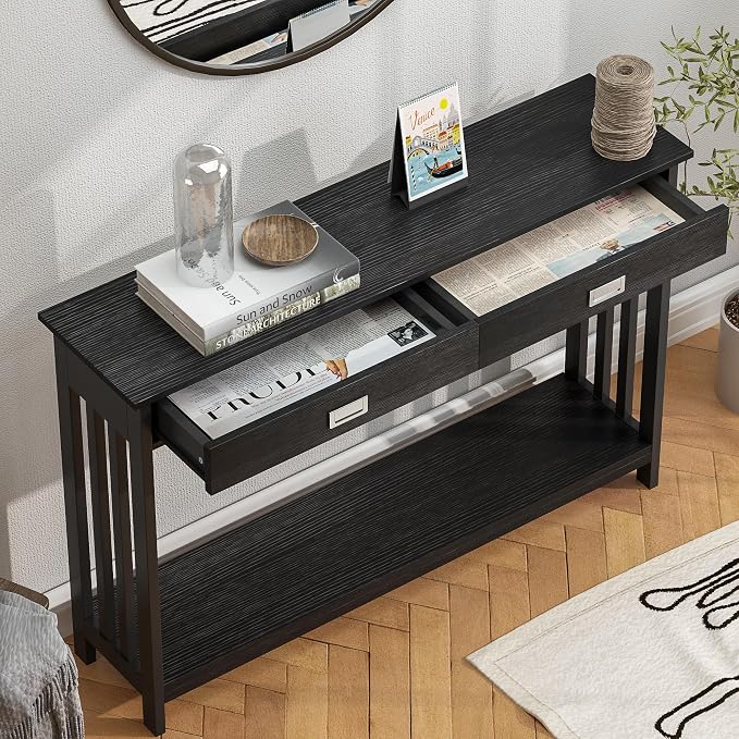 ChooChoo 47" Black Entryway Table with Drawer, Narrow Console Table with Storage Shelf, Sofa Table for Living Room, Entryway, and Hallway