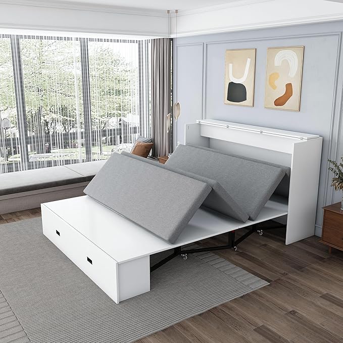 Bellemave Full Murphy Bed with Mattresses and Charging Stations and Storage Drawer, Farmhouse Murphy Cabinet Bed with Foldable Panel, Noisy Free, for Guest Bedroom, Living Room, White