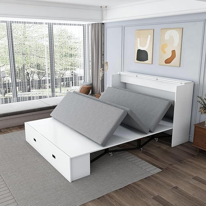 Bellemave Full Murphy Bed with Mattresses and Charging Stations and Storage Drawer, Farmhouse Murphy Cabinet Bed with Foldable Panel, Noisy Free, for Guest Bedroom, Living Room, White