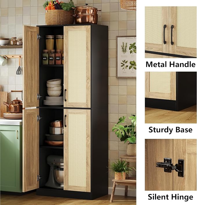 JASIWAY Rattan Pantry Cabinet, 67" Tall Kitchen Storage Cabinet with Doors | Adjustable Shelves, Wicker Linen Closet Cupboard for Laundry, Bathroom, Black