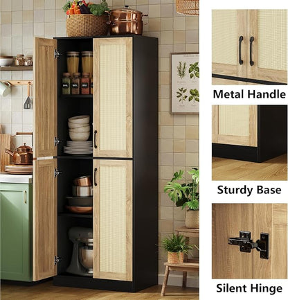 JASIWAY Rattan Pantry Cabinet, 67" Tall Kitchen Storage Cabinet with Doors | Adjustable Shelves, Wicker Linen Closet Cupboard for Laundry, Bathroom, Black