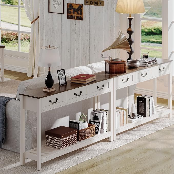 ChooChoo Farmhouse Console Table with 3 Drawers, Rustic Entryway Table, Narrow Long Sofa Table for Living Room, Hallway, Behind Couch, Soft White and Brown