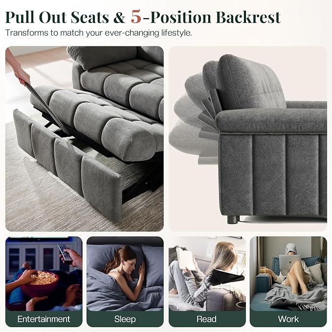 Jocisland 93” 4-in-1 Convertible Sofa Bed, Full Size Cloud Sleeper Sofa, Tufted Chenille, 5-Position Adjustable Backrest, 10-Minute Tool-Free Assembly, Couches for Living Room Guest Room, Gray