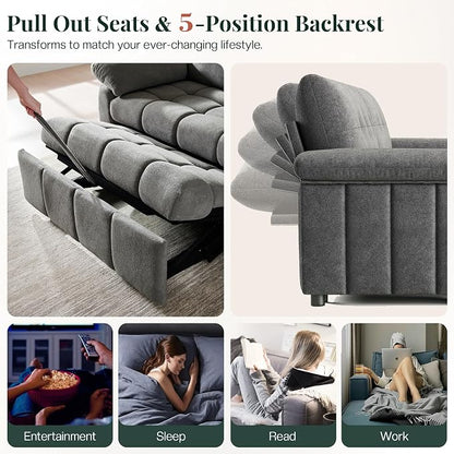 Jocisland 93” 4-in-1 Convertible Sofa Bed, Full Size Cloud Sleeper Sofa, Tufted Chenille, 5-Position Adjustable Backrest, 10-Minute Tool-Free Assembly, Couches for Living Room Guest Room, Gray