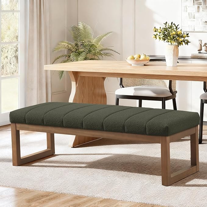 Zihanhome 52.7" Bedroom Bench for End of Bed, Modern Upholstered Teddy Fabric Entryway Bench & Dining Bench, Footrest Stool Bench with Solid Wood Frame for Bedroom, Living Room (Green)