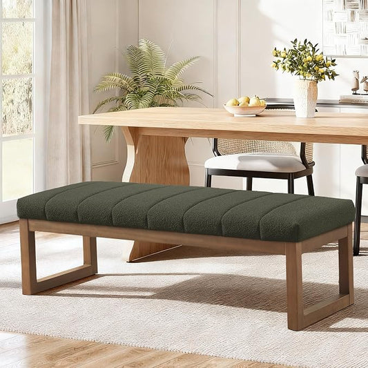 Zihanhome 52.7" Bedroom Bench for End of Bed, Modern Upholstered Teddy Fabric Entryway Bench & Dining Bench, Footrest Stool Bench with Solid Wood Frame for Bedroom, Living Room (Green)