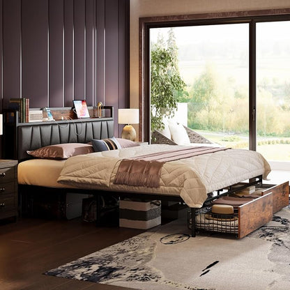 LIKIMIO King Size Bed Frame with 2 Drawers and Charging Station | Platform Bed with Upholstered Storage Headboard, No Box Spring Needed, Easy Assembly, Sturdy, Vintage Brown and Black