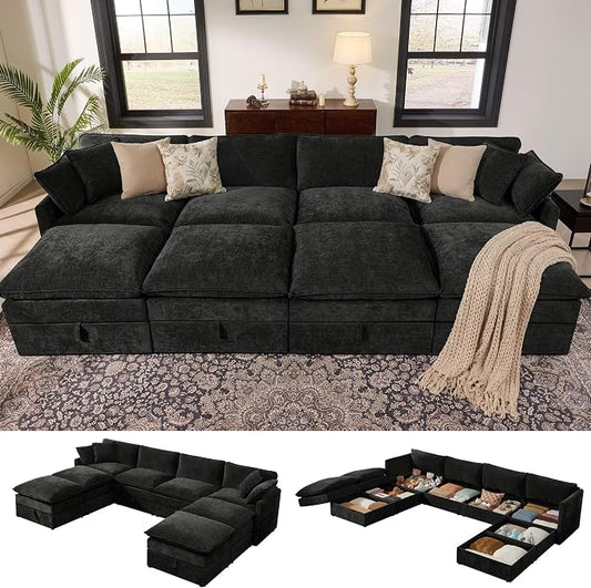 Ihanherry 135” Oversized Sectional Sofa Bed with Storage, 8-Seater Modular Cloud Couch with Movable Ottomans, Chenille Deep Seat Sleeper Couches for Living Room (Black)