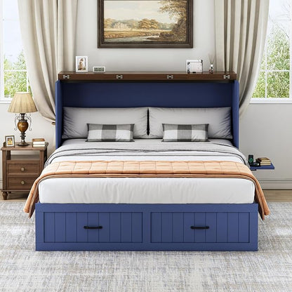 Queen Murphy Bed with Charging Station, Farmhouse Noisy-Free Foldable Cabinet Bed Frame with Storage Drawer, Space Saving Hideaway Wall Bed for Guest Bedroom, Living Room, Office, Blue