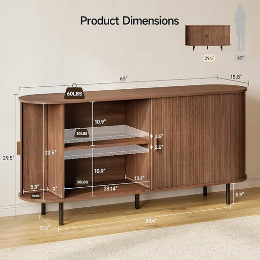 Buffet Sideboard Cabinet with Storage, 63" Fluted Cabinet with Sliding Door & Adjustable Shelf, Modern Accent Coffee Bar Console Table for Kitchen, Entryway, Walnut