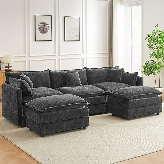 Modular Sectional Sofa, 112.2 Inch U Shaped Couch Set with Armrests, 3-Seater Comfy Cloud Couches with Movable Ottoman for Living Room Apartment, Grey