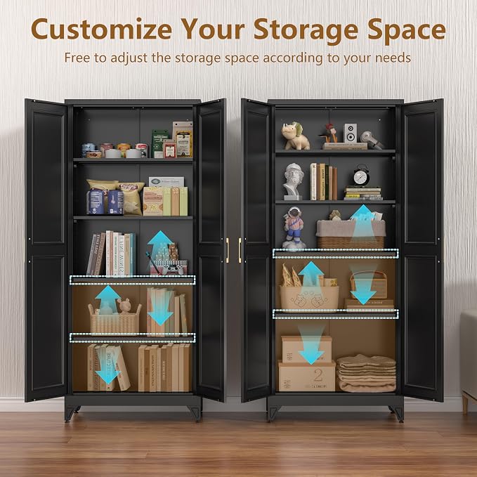 Polup Kitchen Pantry Cabinet, 75" H Metal Storage Cabinet with Doors and Shelves, 4 Standing Feet, Cupboard for Kitchen, Dining, Living Room, 16" D x 32" W x 75" H, Black, Assembly Required