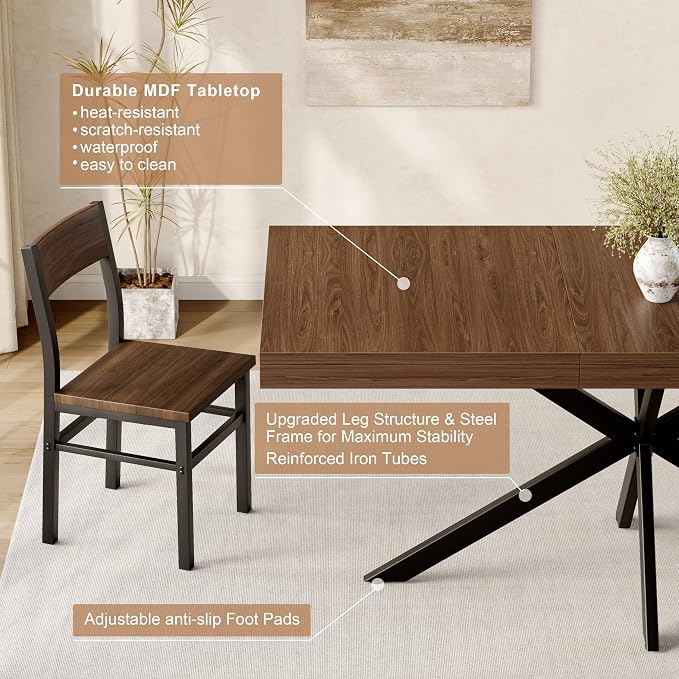 5-Piece Dining Table Set for 4 6 8, Large 55"-70.9" Extendable Dining Room Table Rectangle with Kitchen Chairs of 4, MDF Wood & Metal Frame for Apartment Kitchen Saving Space, Rustic Farmhouse, Walnut