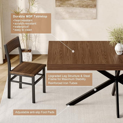 5-Piece Dining Table Set for 4 6 8, Large 55"-70.9" Extendable Dining Room Table Rectangle with Kitchen Chairs of 4, MDF Wood & Metal Frame for Apartment Kitchen Saving Space, Rustic Farmhouse, Walnut
