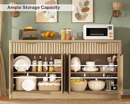 usikey Large Buffet Cabinet with Storage & Drawers, Sideboard Cabinet with 2 Adjustable Shelves & 4 Doors, Coffee Bar Station, Kitchen Storage Cabinets, Natural