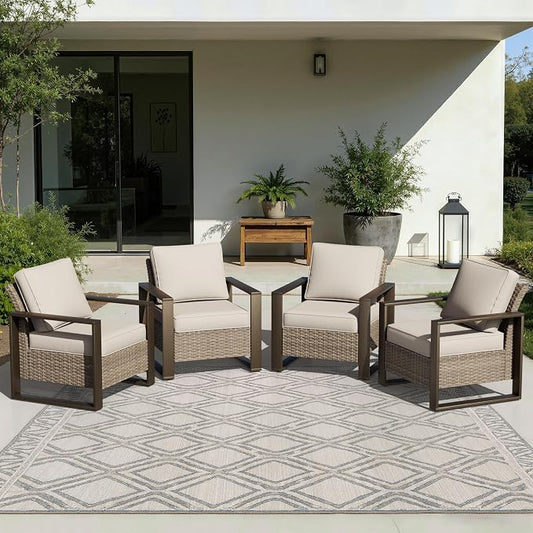 Joyside Outdoor Patio Chairs Set, 4 Pieces Wicker Rattan Chairs with Metal Wide Armrest, Thick Cushions and Deep Seating for Garden, Backyard, Porch, Deck