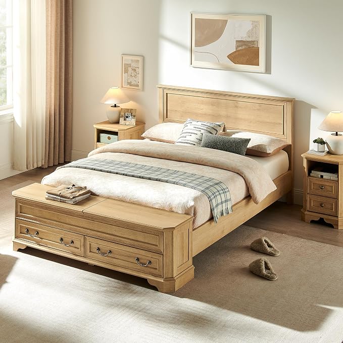 T4TREAM Farmhouse Queen Bed with Headboard and Storage Bench, Rustic Wood Platform Bed with 64" Storage Chest w/ 4 Large Drawer (Natural Oak)