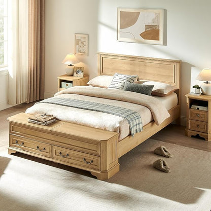 T4TREAM Farmhouse Queen Bed with Headboard and Storage Bench, Rustic Wood Platform Bed with 64" Storage Chest w/ 4 Large Drawer (Natural Oak)