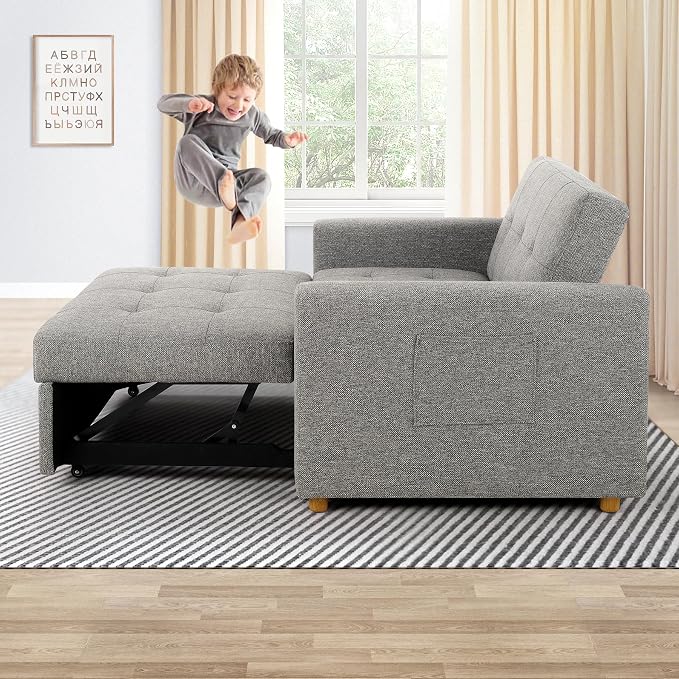 SEJOV Convertible Sofa Bed, 3-in-1 Sleeper Sofa Pull Out Couch Bed, 2-Seater Linen Fabric Loveseat Futon Sofa with Spring Support, Adjustable Backrest for Small Spaces, Living Room, Grey