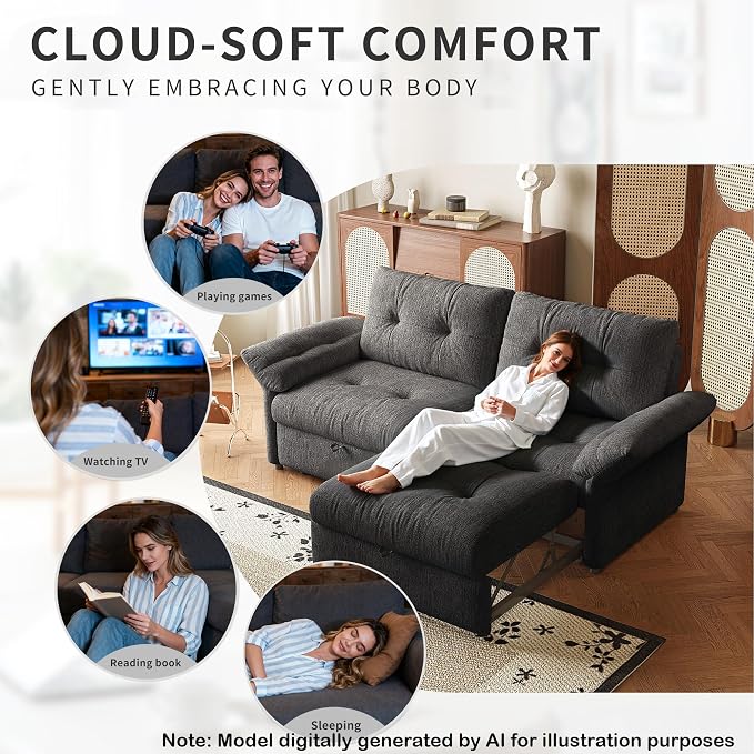 81.5'' Full Sleeper Sofa, Pre-Assembled, Chenille Pull Out Couches Bed, 3-in-1 Convertible Sofa, Adjustable Backrest, Small Loveseat for Small Space, Living Room, Apartment, Chenille Grey