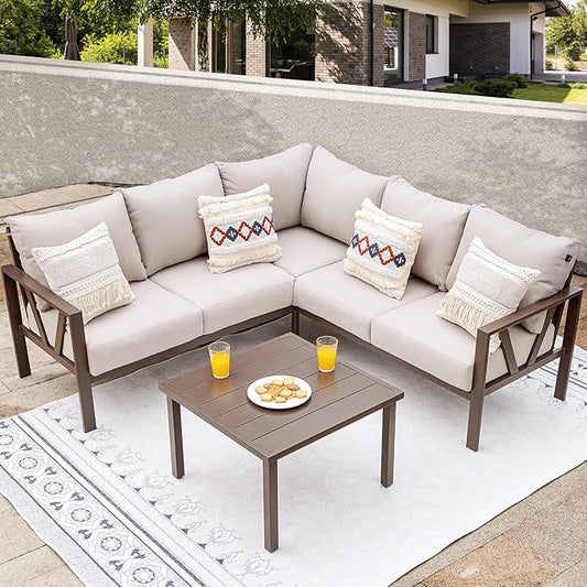 Patio Furniture Set, 6 Pieces Outdoor Couch Sectional, L Shaped Patio Sofa, Metal Patio Couch Sectional with Side Table, Outdoor Seating Conversation Set, Beige