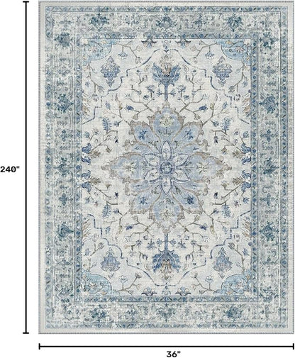 RELEANY Area Rugs Runner 3'x20' Washable Non-Slip, Floral Vintage Distress Medallion Carpet for Kitchen Hallway Bedroom Beside Laundry Room Bathroom, Light Blue Navy Gray White