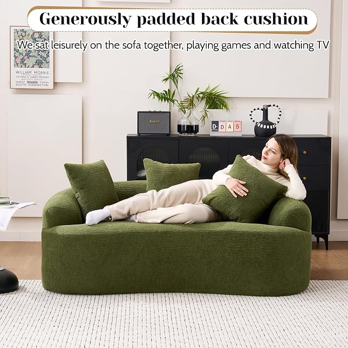 65" Curved Loveseat,Deep Seat Cloud Floor Couch with 3 Backrest,Cozy Chenille Fabric,Small Loveseat for Small Spaces,Bedroom,Office,Apartment (Green, 65 Inch)