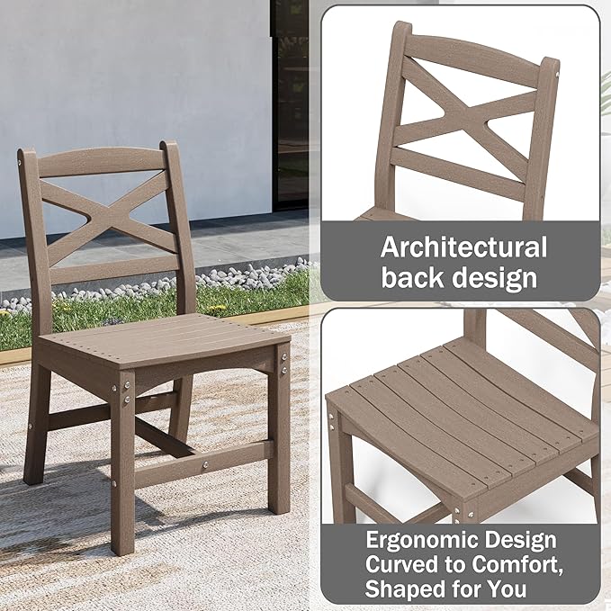 Outdoor Armless Dining Chairs Set of 4,HDPE Patio Chairs with Wide Seat,All-Weather HDPE Patio Armless Chairs for Porch, Backyard, Deck, White Brown, Table not Included